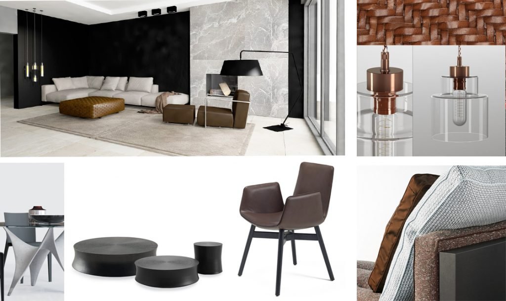Neues Interior Design und Innenarchitektur Konzept für einen modernen Wohnbereich mit exklusivem Kamin Design in Naturstein Optik.