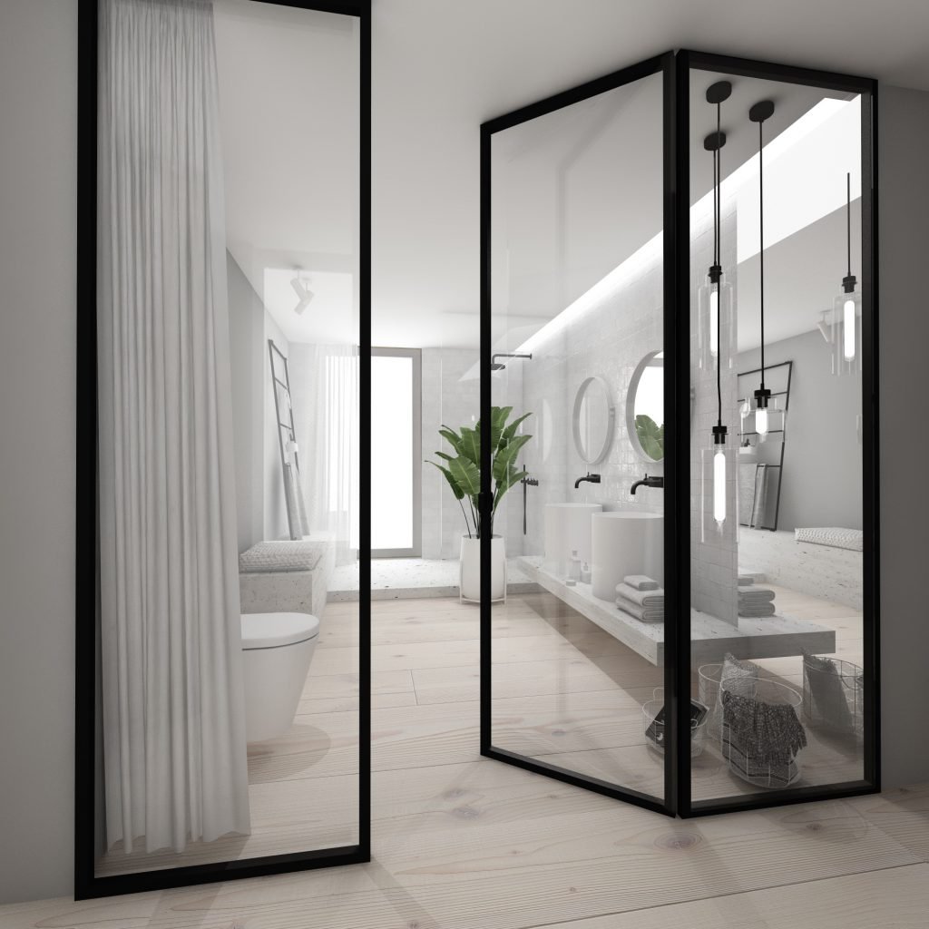 Ein modernes Interior Design für ein Badezimmer mit eleganter Einrichtung und edlen Innenarchitektur Details, beleuchtet von warmem, indirektem Licht.