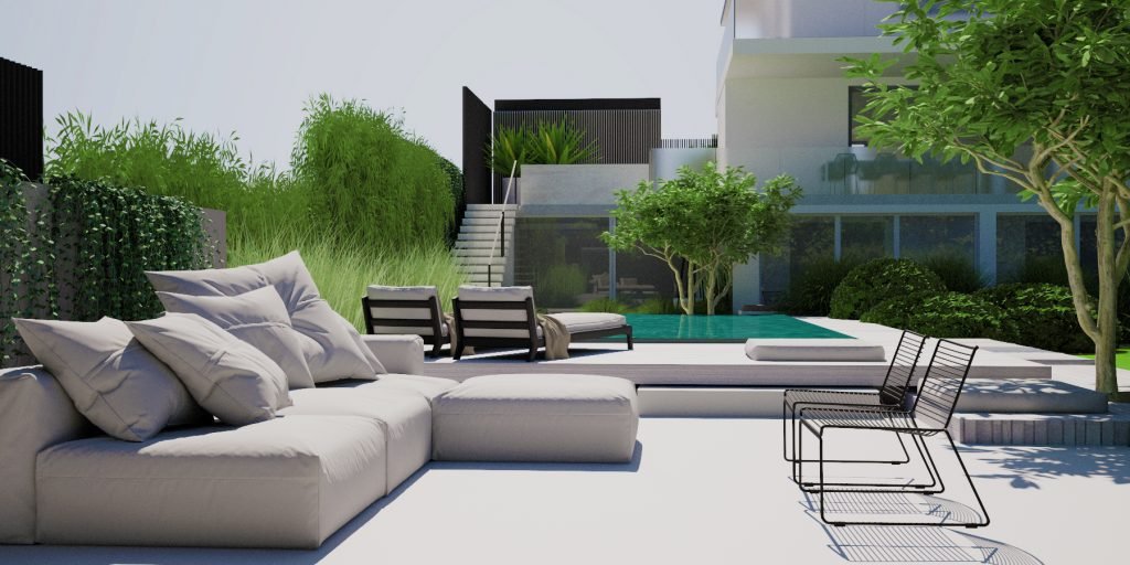 Gartenlounge mit Pool: Moderne Eleganz, Lounge-Möbel, stilvolles Garten Design von Heike Karsch