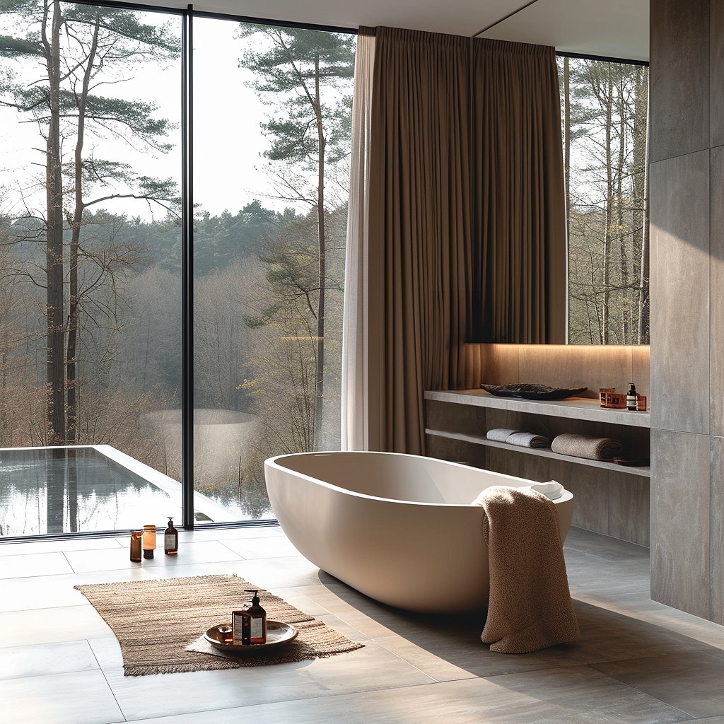Interior Design und Innenarchitektur für ein modernes Badezimmer: Freistehende Wanne, großformatige Fliesen, elegante Ästhetik