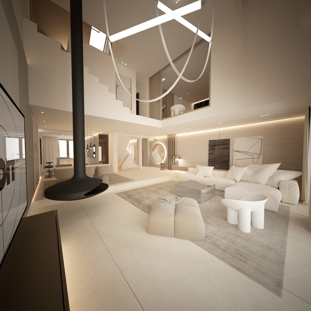 Heller Wohnrum in Beige mit modernem InteriorDesign von Heike Karsch, Innenarchitektin Mannheim